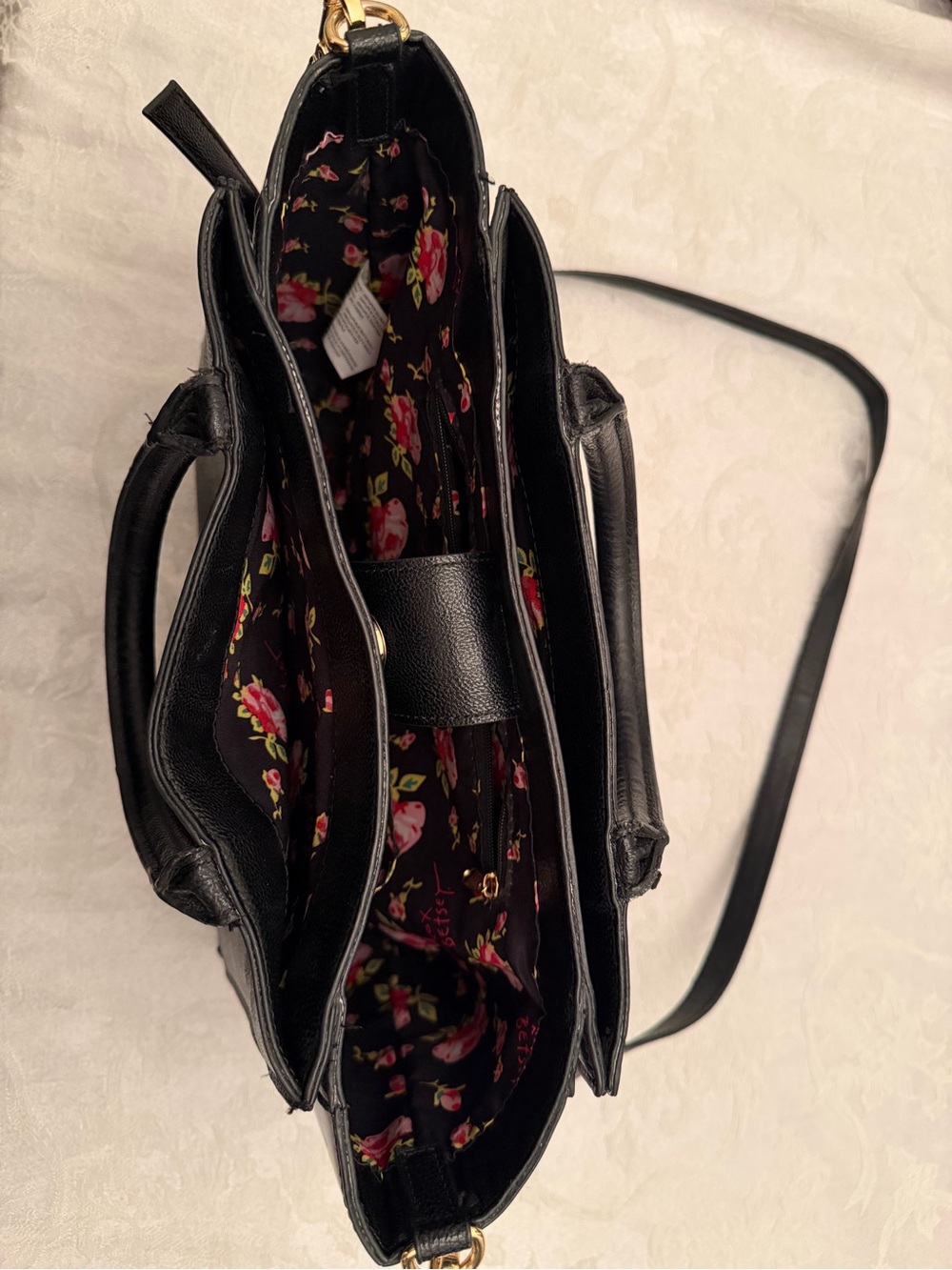 Betsey Johnson Jayla Satchel Black Floral Top Handles Detachable Strap - Picture 7 of 11
